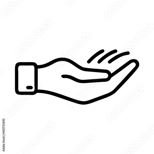 Outline illustration of a hand offering or receiving something with curved lines above palm area design