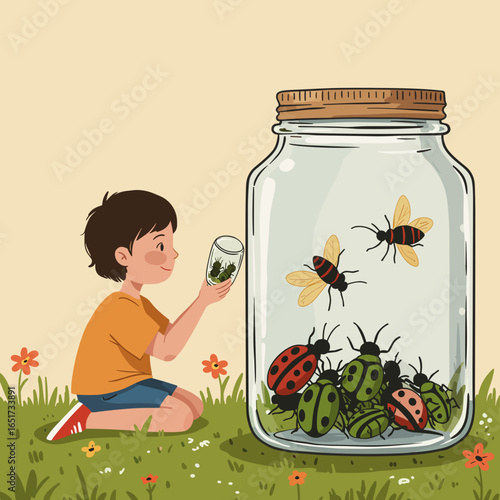 Boy observing insects in jar while sitting on grass outdoors  