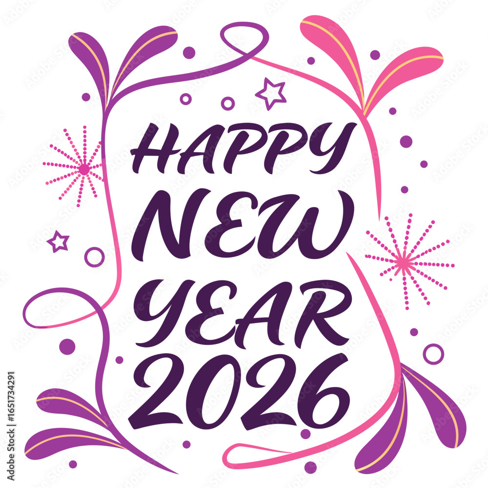 Obraz premium Happy new year 2026 festive greeting with purple and pink floral decorations and sparkling fireworks elements