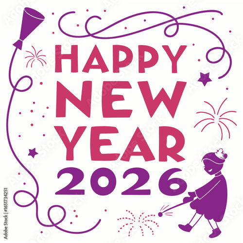 Happy new year 2026 celebration with fireworks confetti and a festive girl holding a sparkler in a playful design