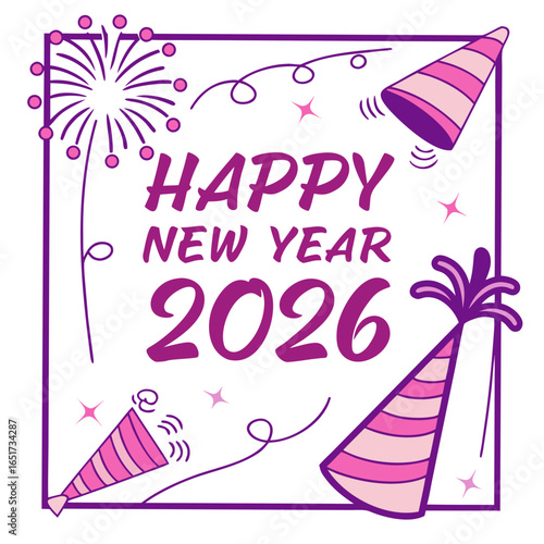 Celebrate the arrival of the new year 2026 with festive fireworks and party hats in vibrant purple and pink colors