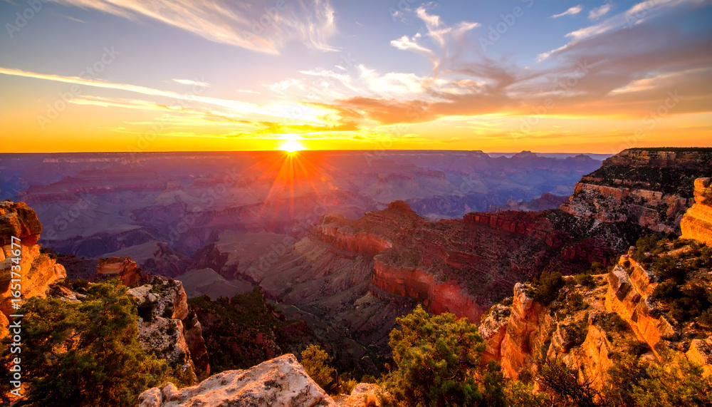 Fototapeta premium Majestic Sunset Over Grand Canyon Scenic Landscape with Vibrant Orange Sky and Sunlight Illuminating Rocks