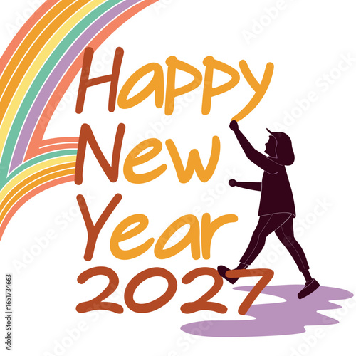 A person in silhouette walks across the numbers of the year 2027 creating a happy new year message with a colorful rainbow arch