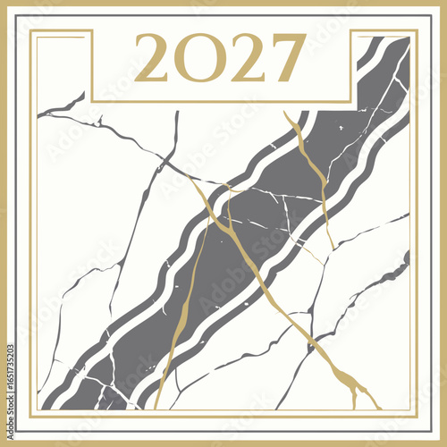 Elegant 2027 new year design featuring a luxurious white marble texture with gray and gold veining and a sophisticated golden border
