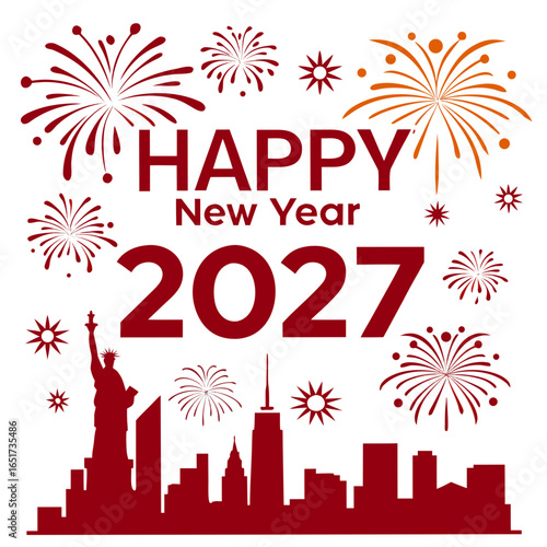Celebrate the arrival of the new year 2027 with a vibrant display of fireworks over the iconic new york city skyline featuring the statue of liberty