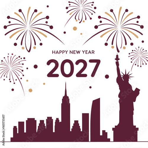Celebrate the arrival of the new year 2027 with a spectacular fireworks display over the iconic new york city skyline featuring the statue of liberty