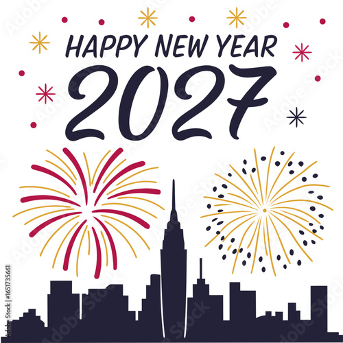 Celebrate the arrival of the new year 2027 with a vibrant cityscape and dazzling fireworks display in a festive and celebratory design