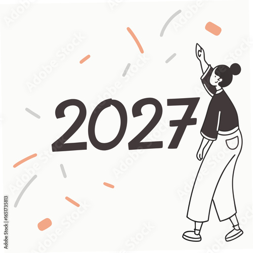 A young woman celebrates the arrival of the year 2027 with confetti and a sense of optimism and anticipation