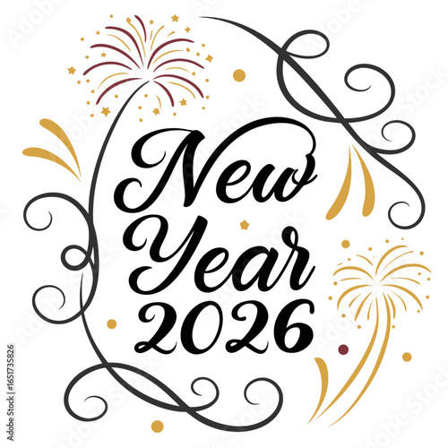 Celebrate the arrival of the new year 2026 with festive fireworks and elegant swirling decorative elements in black gold and burgundy colors