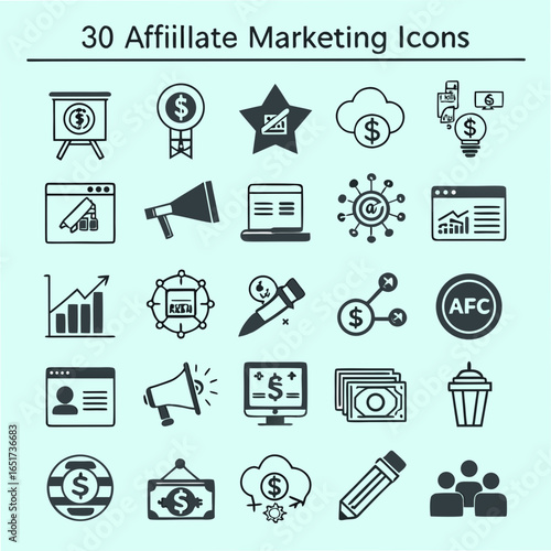 Collection of 30 affiliate marketing icons representing various aspects of online business growth and financial success