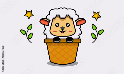 Cute Cartoon Sheep in a Basket with Stars and Leaves Illustration