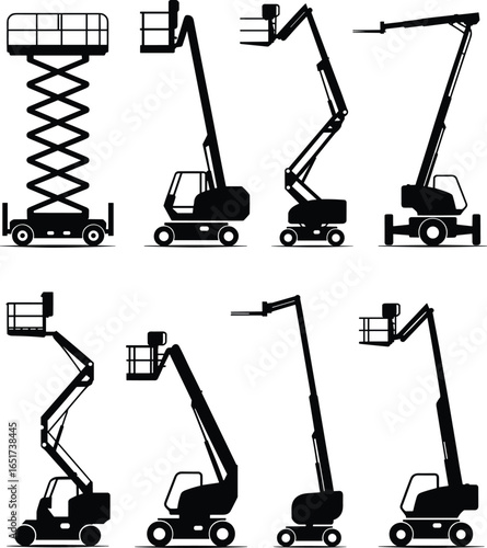 Construction lift equipment icons set, flat vector illustration, aerial work platform, scissor lift, boom lift, industrial machine symbols