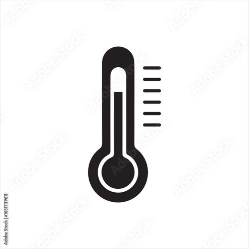 Vector icon of a thermometer in black color with solid shapes, displayed on a clean white background. Simple and modern design suitable for medical, weather, climate, healthcare, and temperature measu