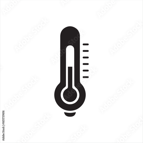 Vector icon of a thermometer in black color with solid shapes, displayed on a clean white background. Simple and modern design suitable for medical, weather, climate, healthcare, and temperature measu
