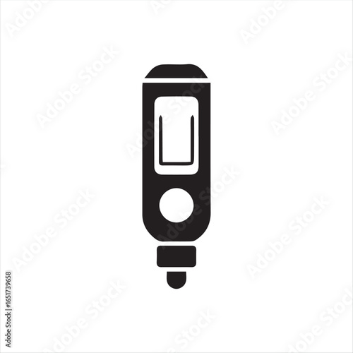 Vector icon of a thermometer in black color with solid shapes, displayed on a clean white background. Simple and modern design suitable for medical, weather, climate, healthcare, and temperature measu