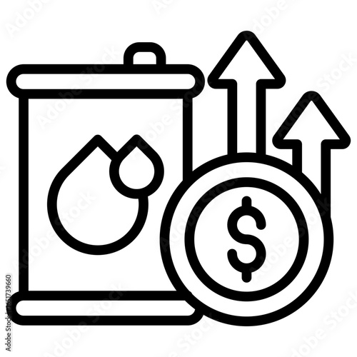 The drum icon represents the rising price of liquid commodities, such as crude oil, chemicals, or water, a concept of positive market trends or optimism related to oil.