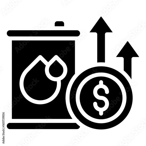 The drum icon represents the rising price of liquid commodities, such as crude oil, chemicals, or water, a concept of positive market trends or optimism related to oil.