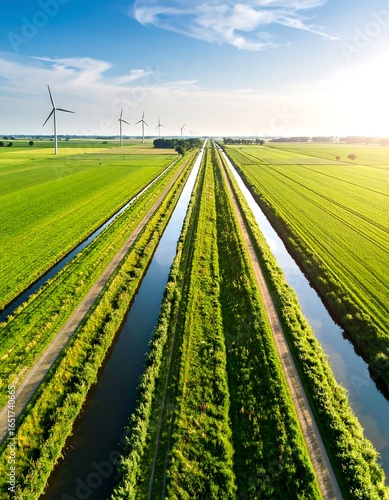 Aerial view of parallel canals cutting through verdant farmland, with wind turbines in the distance under a bright sky