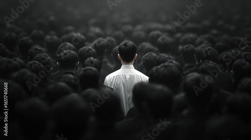 Man in White Shirt Standing Among Crowd of Men in Black Shirts: The Chosen One, Concept of Different Contrast Opinions