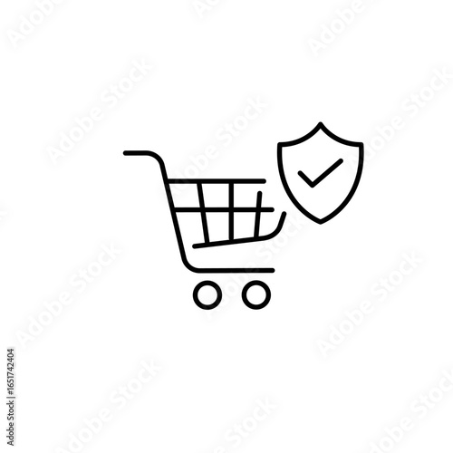 Verified purchase security, trusted shopping protection, secure checkout, approved transaction. Shopping cart, shield and checkmark. Pixel perfect, editable stroke vector icon