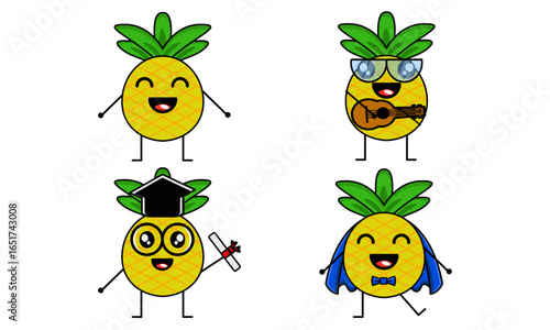 Cute pineapple character mascot set. Cartoon fruit in various costumes. Vector bundle