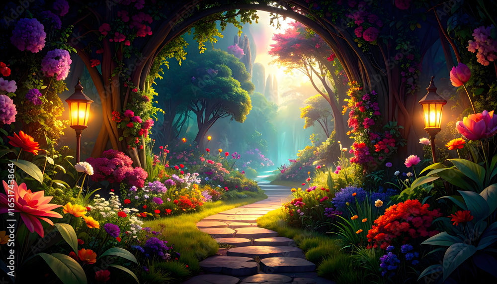 Fototapeta premium Enchanting Garden Pathway Framed By Floral Archway and Lanterns Under Sunlight