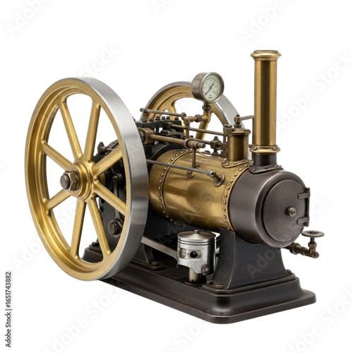 Antique brass and steel steam engine model with large flywheel isolated on transparent background