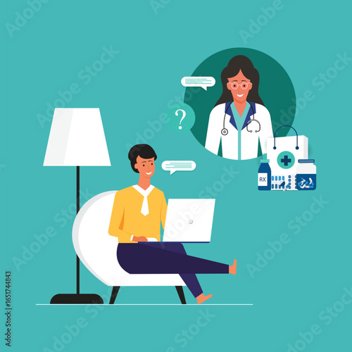 Patient is sitting on the chair and meeting with doctor online using laptop. Patient can ask any questions and get doctor prescription