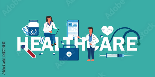 Healthcare word concept banner with Online pharmacy service concept