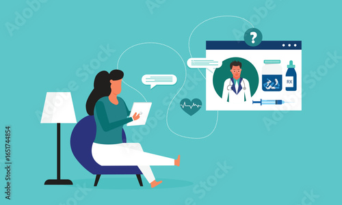 Patient is sitting on the chair and meeting with doctor online using tablet. Patient can ask any questions and get doctor prescription