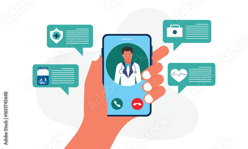 Online medicine concept. Human hand holding smartphone with video call to doctor