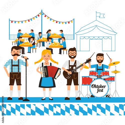 Oktoberfest celebration scene with musicians and attendees.