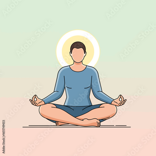 Man meditating in lotus position with a glowing aura, showcasing mindfulness and inner peace.