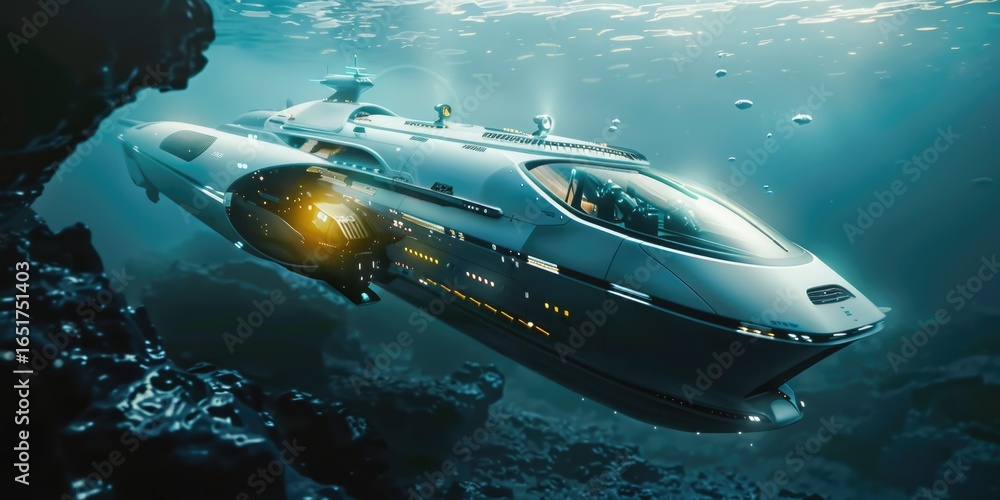Fototapeta premium A futuristic research ship explores the ocean depths, with human scientists and AI submersibles working together. Equipped with advanced underwater exploration technology, the ship features AI