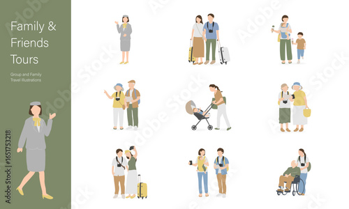 家族や友人と旅行する人々セット / Family and Friends Tours Illustrations