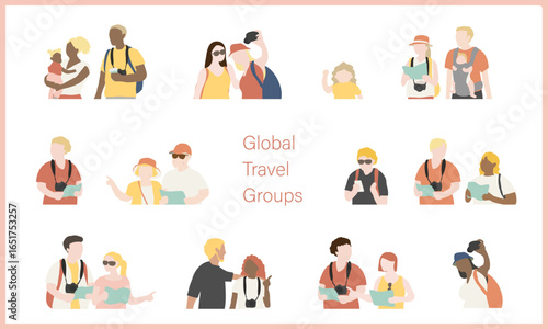 旅行を楽しむ人の上半身イラスト/Foreign Tourists Upper Body Set – Pink Tones