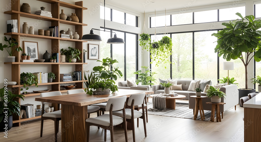 Fototapeta premium Captivating contemporary open-concept living space showcasing the finest in Modern Architecture & Interior Design, bathed in natural light with lush indoor plants.