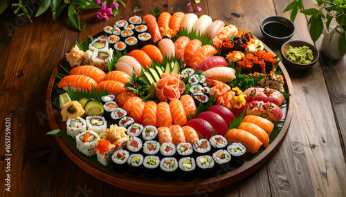 Wallpaper Mural Assorted Sushi Arrangement on a Wooden Platter with Various Rolls and Sashimi Viewed from Above Torontodigital.ca