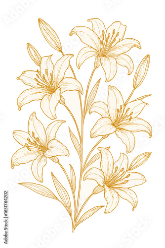 Gold Flower Line Art Vector—Elegant Hand-Drawn Botanical Illustration.