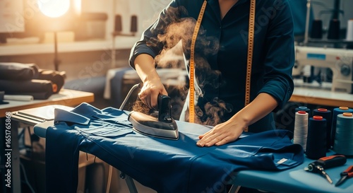 Tailor Pressing Fabric with Iron in Workshop