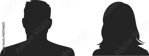 Silhouette male and female head‑and‑shoulders portraits in vector style, gender‑neutral profile icons for avatar, identity placeholder design