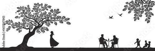 Silhouette illustration of woman strolling under tree, couple dining, children playing, outdoor family scene, vector nature lifestyle concept