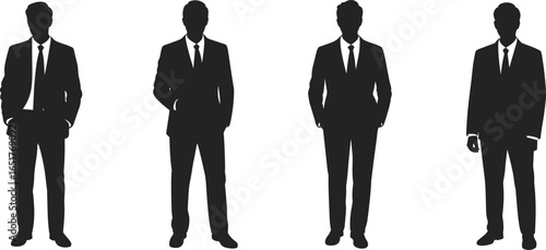 Silhouette business professionals in formal suits with ties, men in various poses, corporate attire vector icons, professional posture fashion illustration design