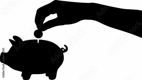 Silhouette of a hand putting a coin into a piggy bank representing savings and financial investment concept