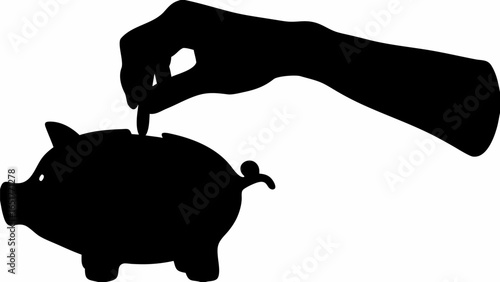 Silhouette of a hand depositing a coin into a piggy bank for savings and financial planning concept