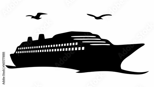 Silhouette illustration of a cruise ship sailing on water with two birds flying in the sky in black and white