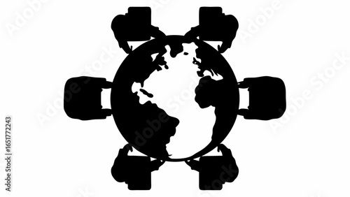 Silhouette of people working on computers around the earth representing global communication and collaboration