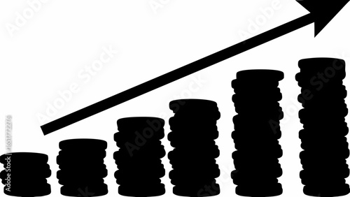 Black stacks of coins increasing in height with an arrow pointing upwards indicating growth or profit silhouette
