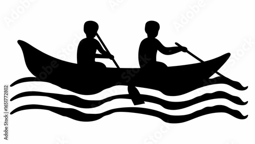 Silhouette of two people paddling in a canoe on wavy water creating a serene and adventurous scene