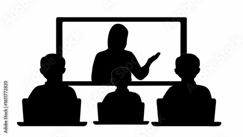 Silhouette illustration of online meeting with presenter and attendees using laptops and a screen display